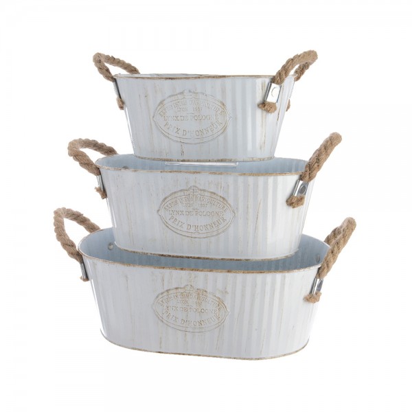Cubo de zinc ovalado con asa de cuerda set de 3unid.